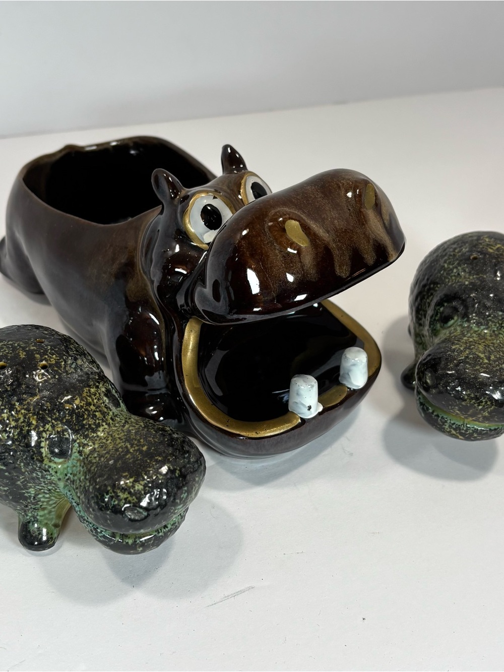Ceramic Hippo Planter or Decorative Holder - Brown Glazed Hippo